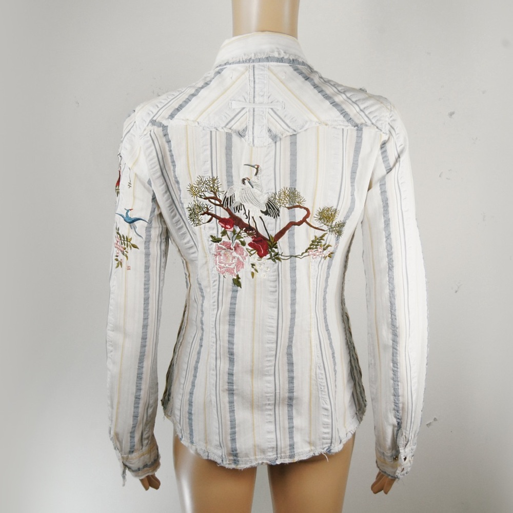 Vintage Y2K Buffalo David Bitton Embroidered Stripe Floral Western Blouse Top